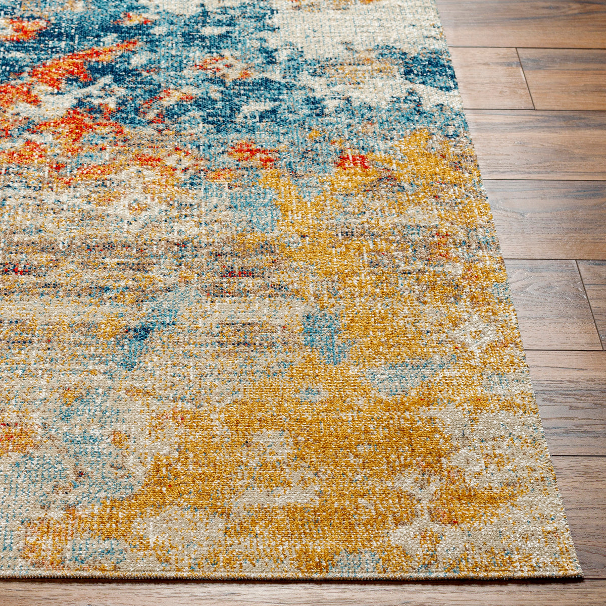 Tapis SURYA Tchia intérieur et extérieur, motif abstrait orange, safran et bleu, vue 5