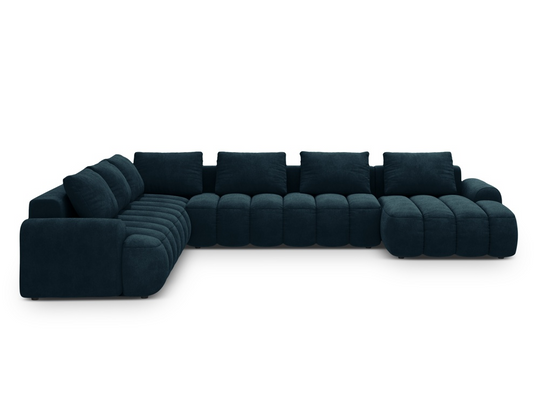 Canapé panoramique convertible en velours Bleu Maison Héritage Kimi d'angle 6 places avec coffre de rangement