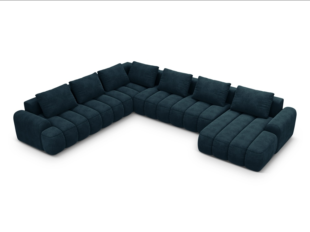Canapé panoramique convertible en velours Bleu Maison Héritage Kimi d'angle 6 places avec coffre de rangement