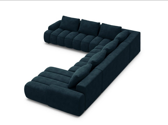 Canapé panoramique convertible en velours Bleu Maison Héritage Kimi d'angle 6 places avec coffre de rangement
