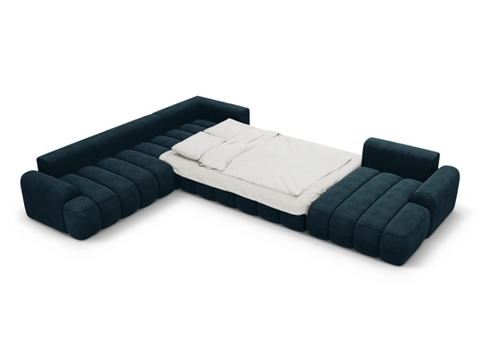 Canapé panoramique convertible en velours Bleu Maison Héritage Kimi d'angle 6 places avec coffre de rangement