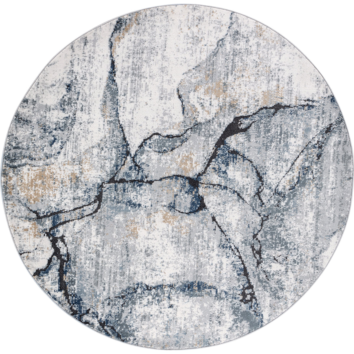 Tapis rond SURYA Berlin moderne, motif abstrait façon marbre bleu foncé sur fond ivoire, vue 2