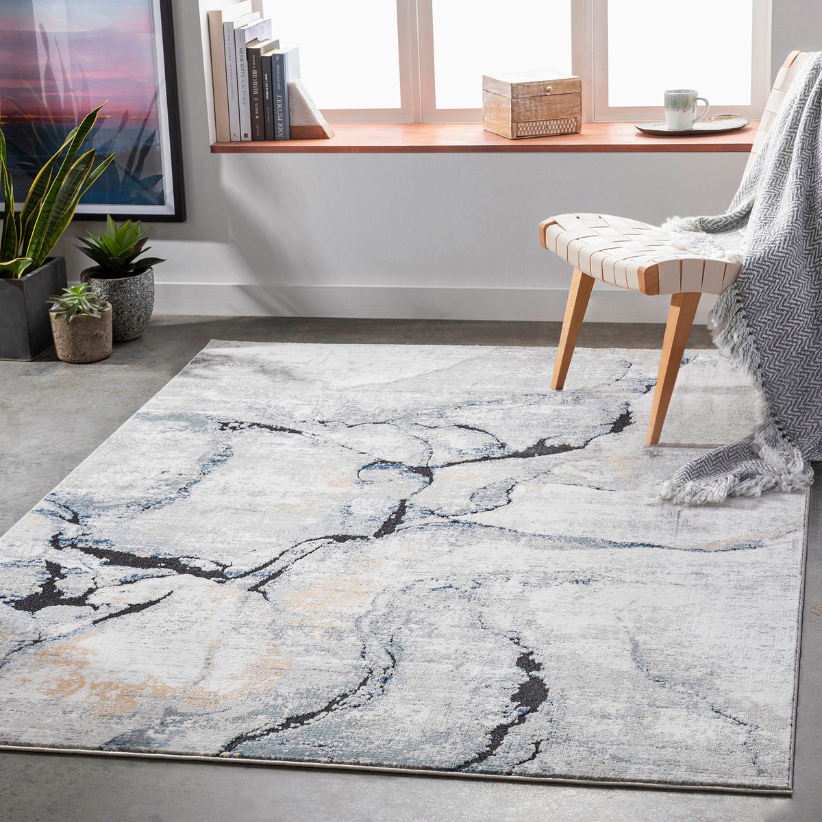 Tapis SURYA Berlin moderne, motif abstrait effet marbre veiné noir sur gris clair et ivoire, vue 9