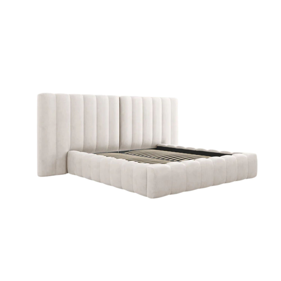 Lit MICADONI Kelp avec coffre en tissu structuré Beige 200x200