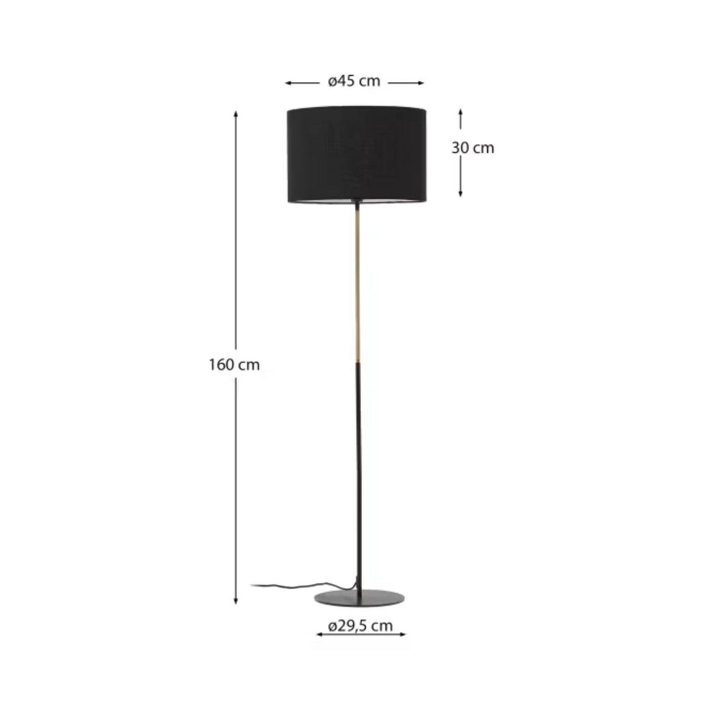 Lampe sur pied KAVE HOME Canar en métal et rotin avec abat-jour en coton noir