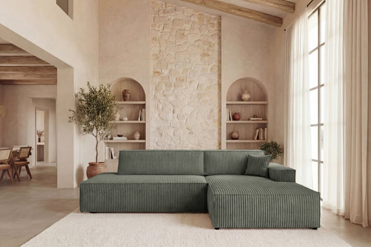 Canapé d'angle droit convertible CASANOVA Laria en gros velours côtelé vert — photo produit