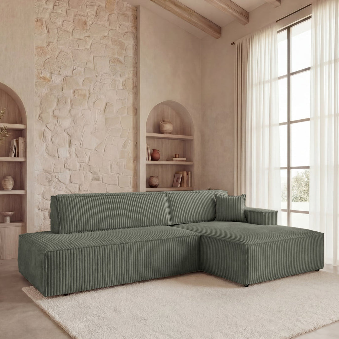 Canapé d'angle droit convertible CASANOVA Laria en gros velours côtelé vert — photo produit