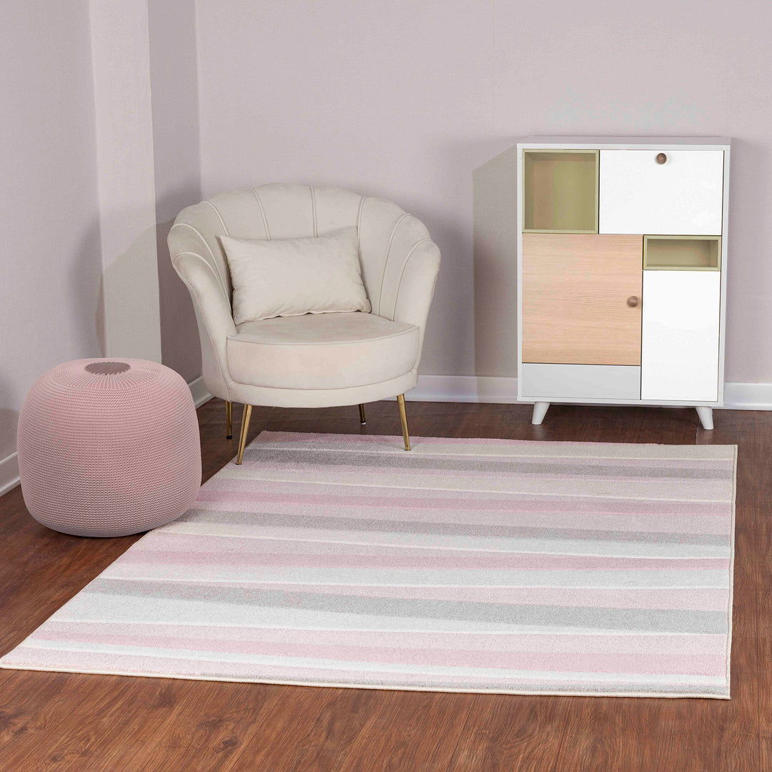 Tapis Enfant Pastel Motif Rayé Rose/Blanc Pastel