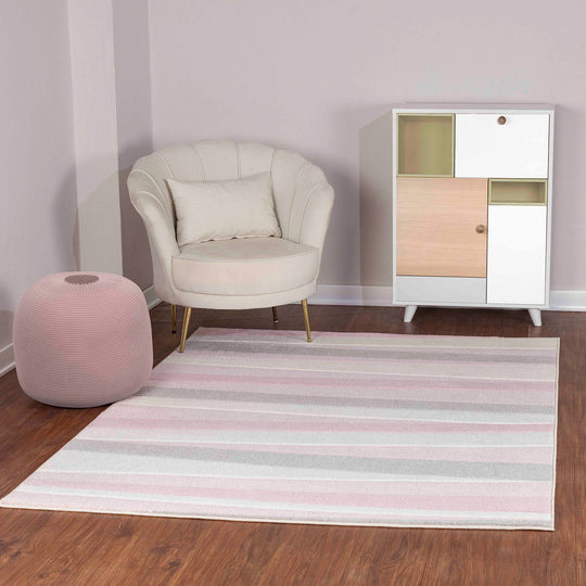 Tapis Enfant Pastel Motif Rayé Rose/Blanc Pastel