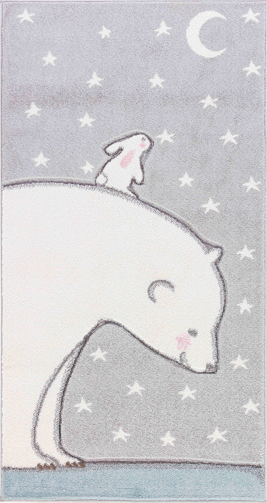 Tapis Enfant Ours/Lapin Nuit Étoilée Blanc/Gris Cloudy