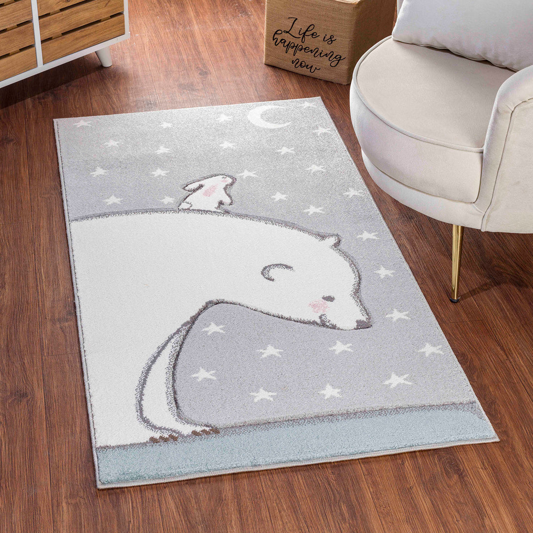 Tapis Enfant Ours/Lapin Nuit Étoilée Blanc/Gris Cloudy