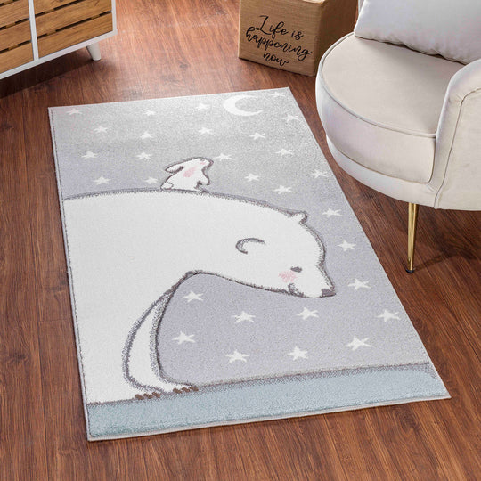 Tapis Enfant Ours/Lapin Nuit Étoilée Blanc/Gris Cloudy