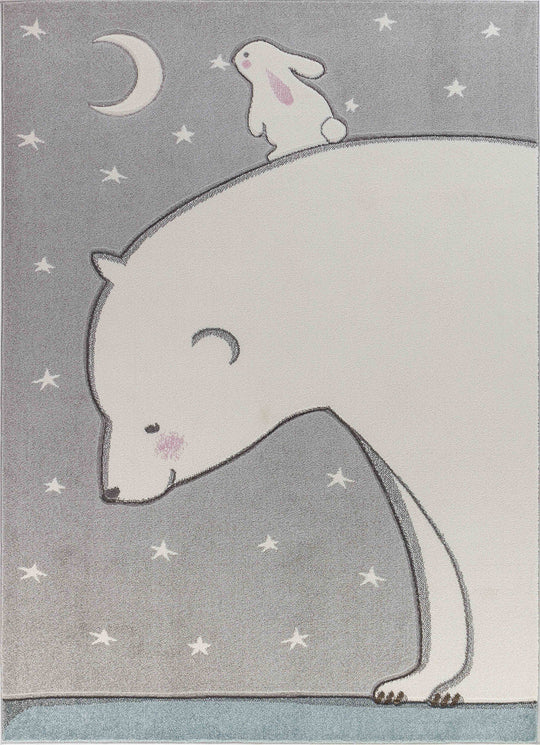 Tapis Enfant Ours/Lapin Nuit Étoilée Blanc/Gris Cloudy