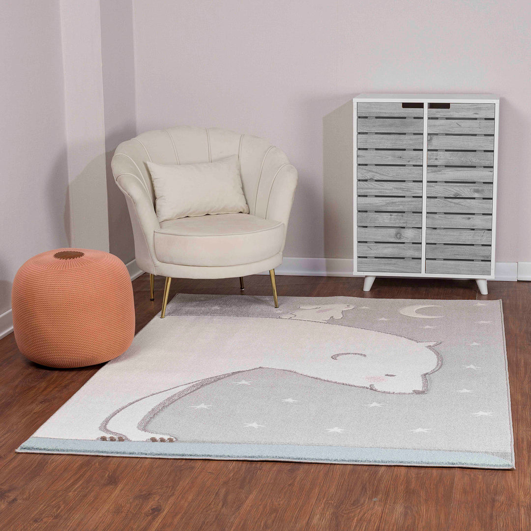 Tapis Enfant Ours/Lapin Nuit Étoilée Blanc/Gris Cloudy