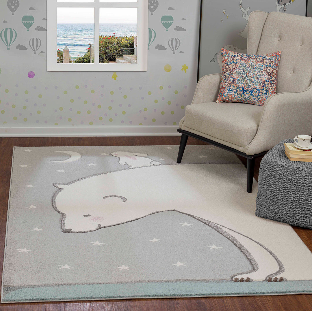Tapis Enfant Ours/Lapin Nuit Étoilée Blanc/Gris Cloudy