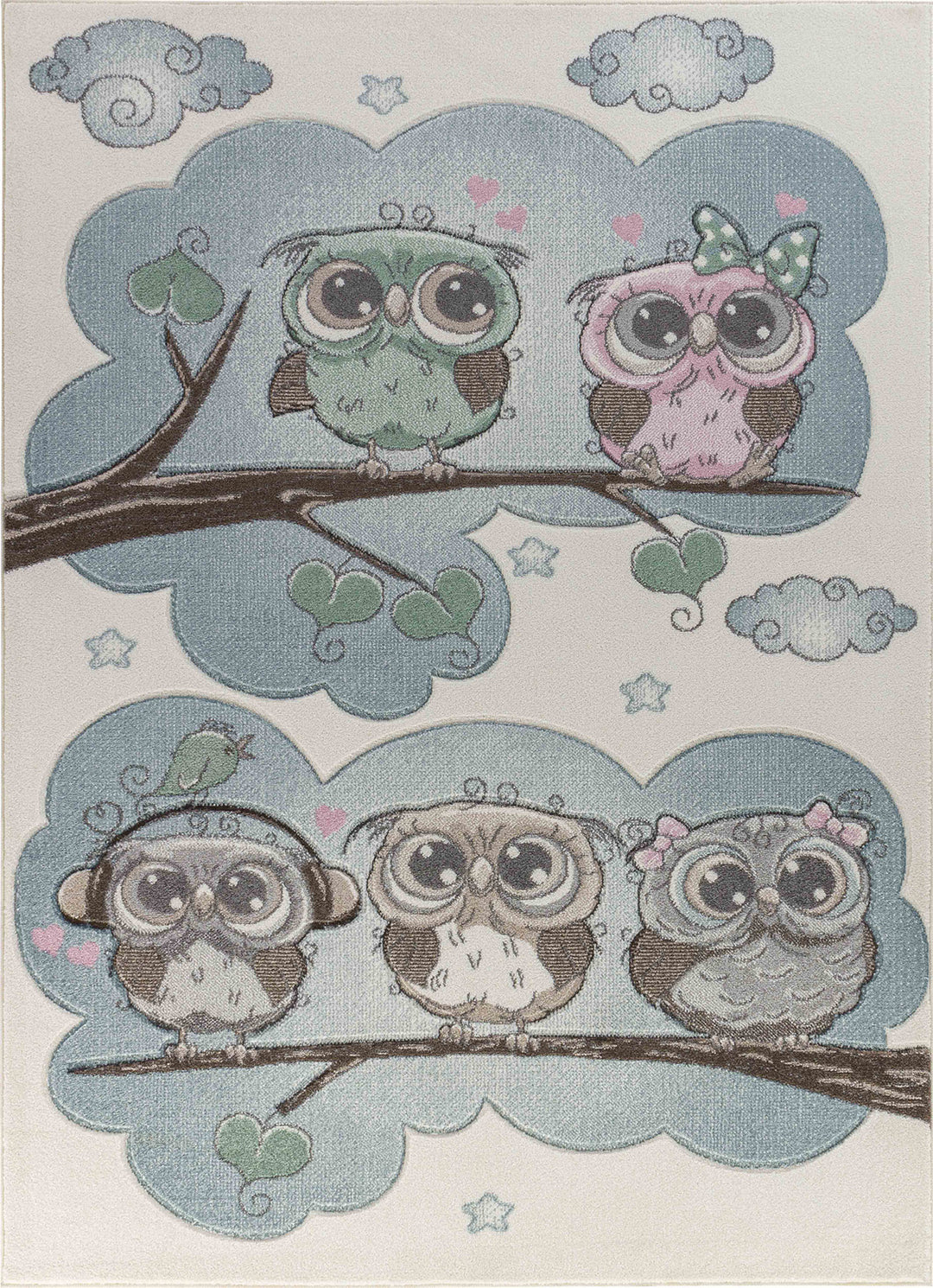 Tapis Enfant Chouettes Colorées Beige/Bleu Sleepy