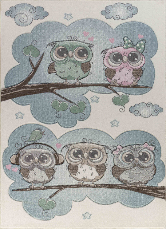 Tapis Enfant Chouettes Colorées Beige/Bleu Sleepy