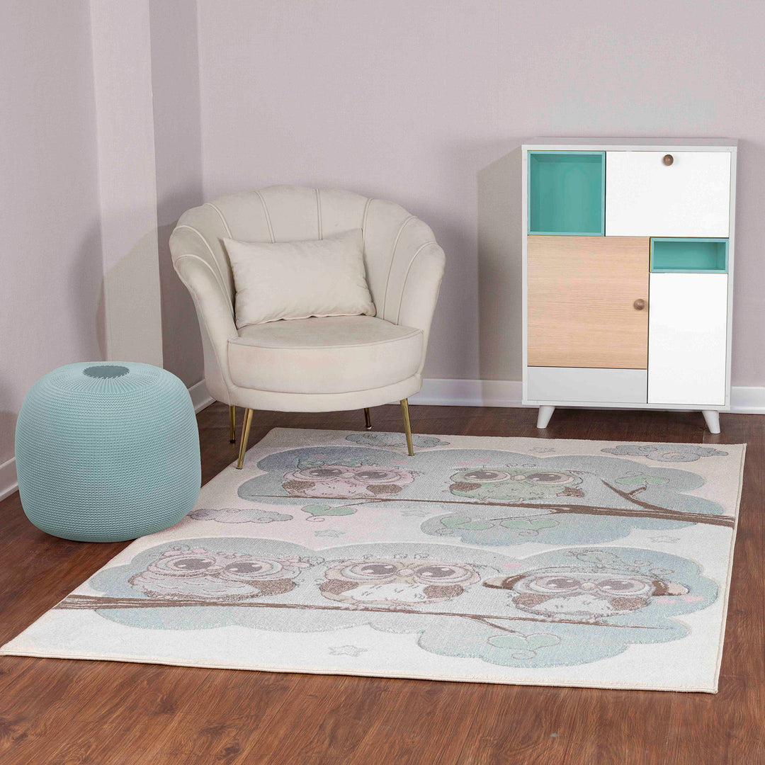 Tapis Enfant Chouettes Colorées Beige/Bleu Sleepy