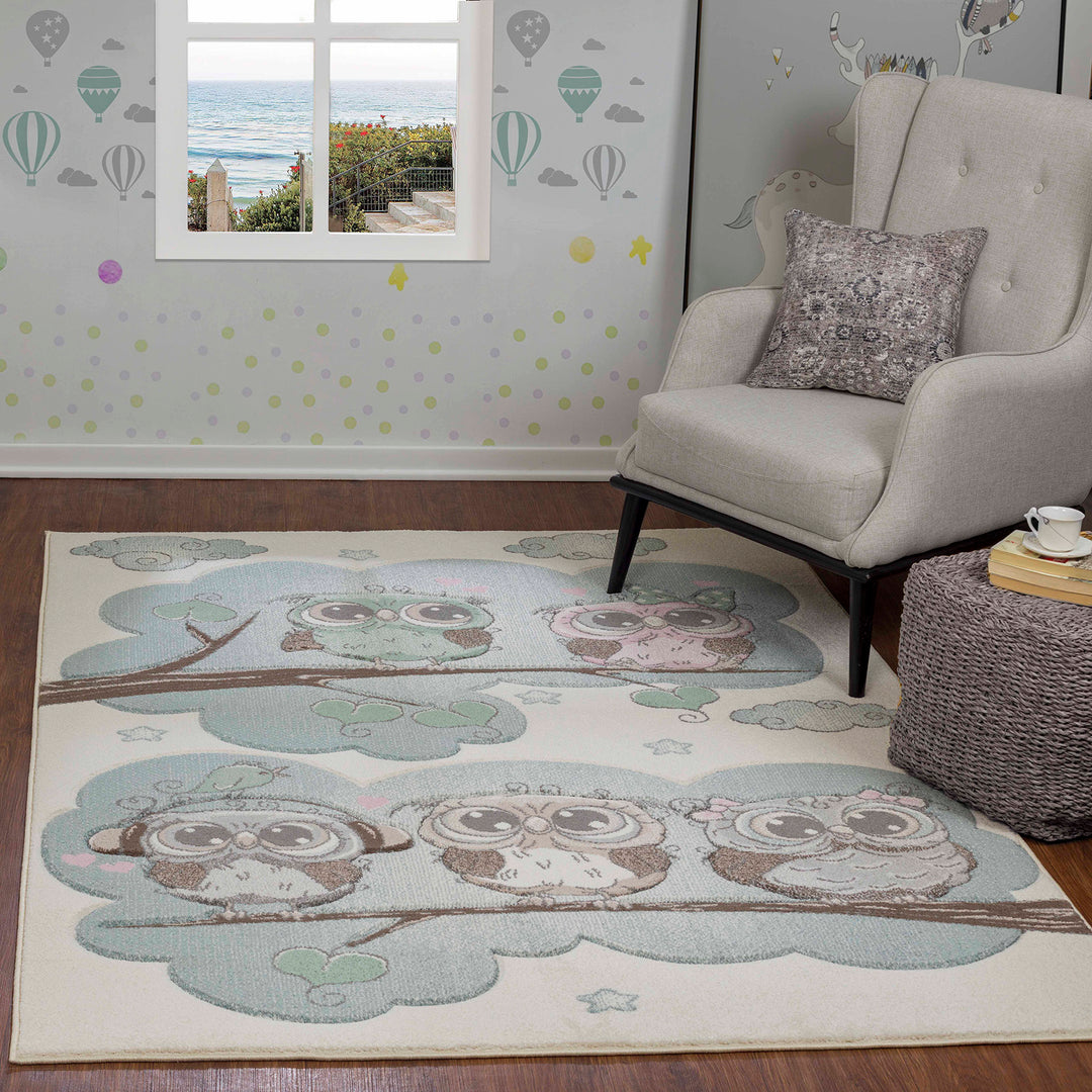 Tapis Enfant Chouettes Colorées Beige/Bleu Sleepy