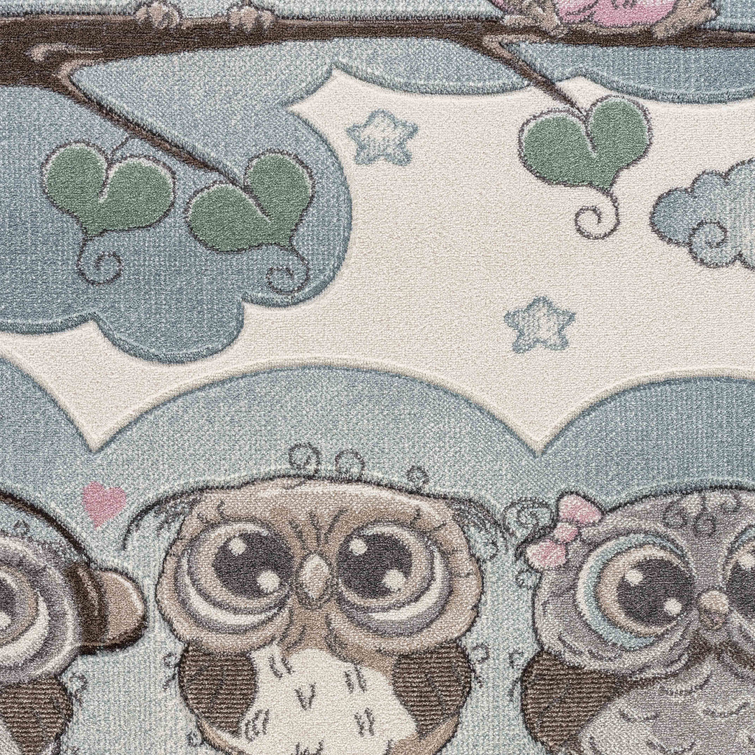 Tapis Enfant Chouettes Colorées Beige/Bleu Sleepy