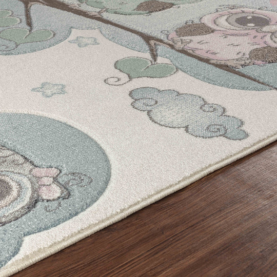 Tapis Enfant Chouettes Colorées Beige/Bleu Sleepy