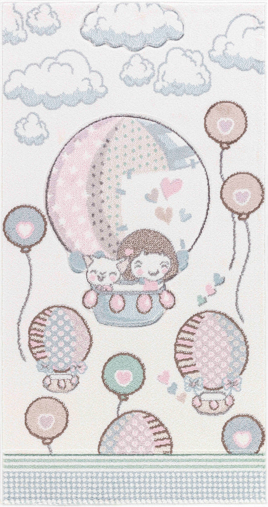 Tapis Enfant Montgolfières & Ballons Beige/Rose Cute
