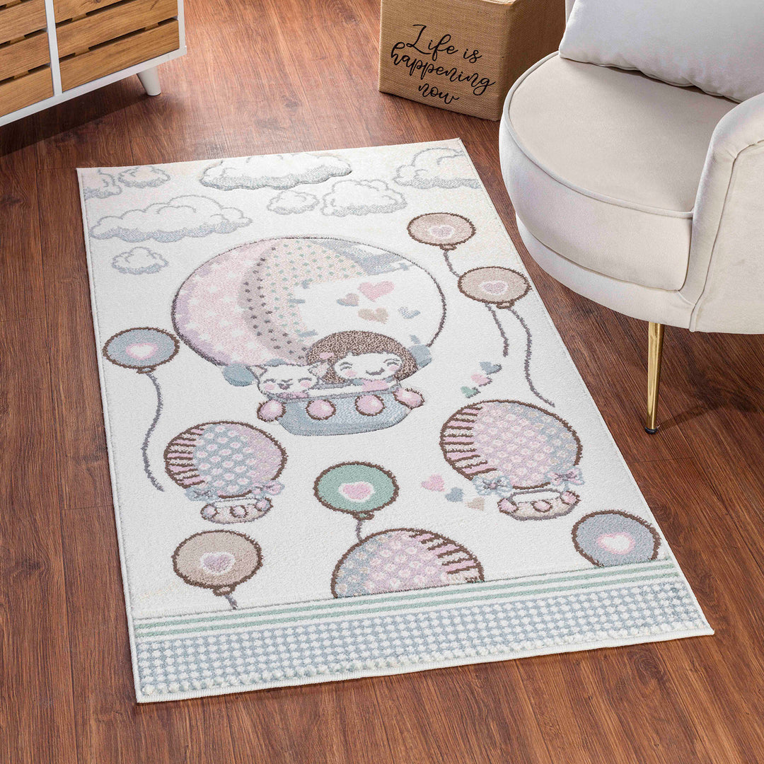 Tapis Enfant Montgolfières & Ballons Beige/Rose Cute