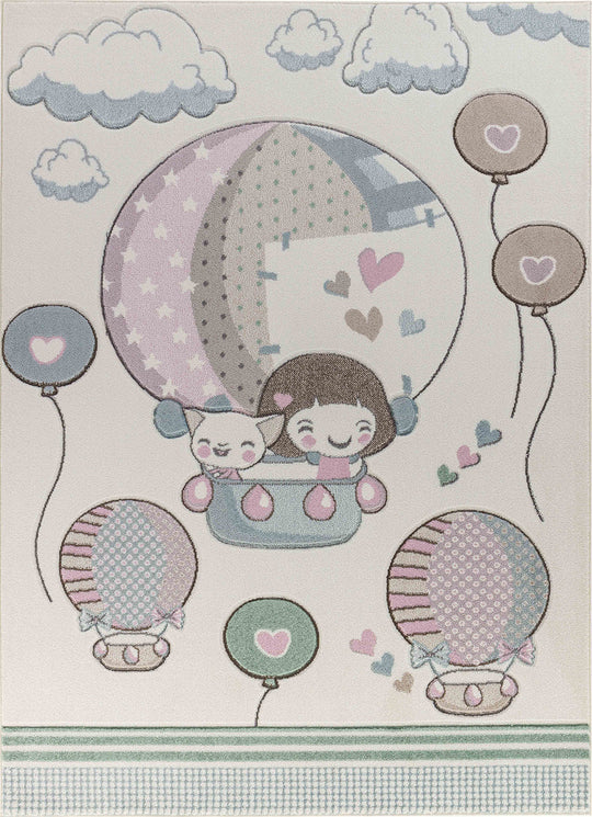 Tapis Enfant Montgolfières & Ballons Beige/Rose Cute