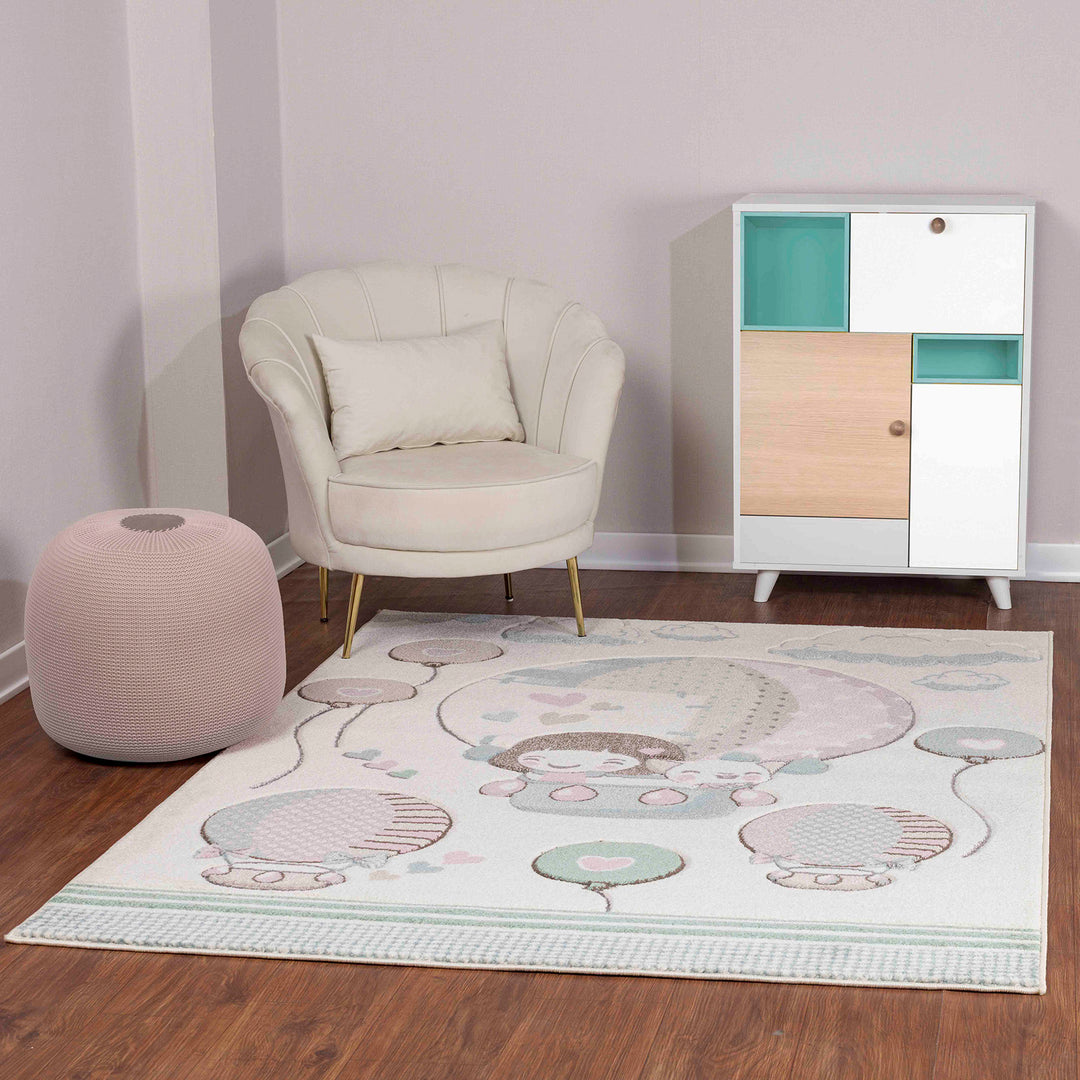 Tapis Enfant Montgolfières & Ballons Beige/Rose Cute