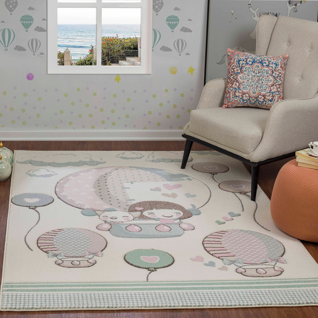 Tapis Enfant Montgolfières & Ballons Beige/Rose Cute