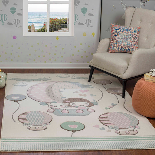 Tapis Enfant Montgolfières & Ballons Beige/Rose Cute