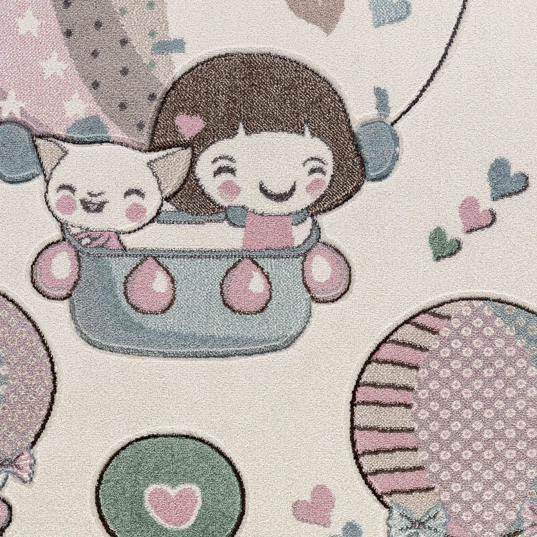 Tapis Enfant Montgolfières & Ballons Beige/Rose Cute