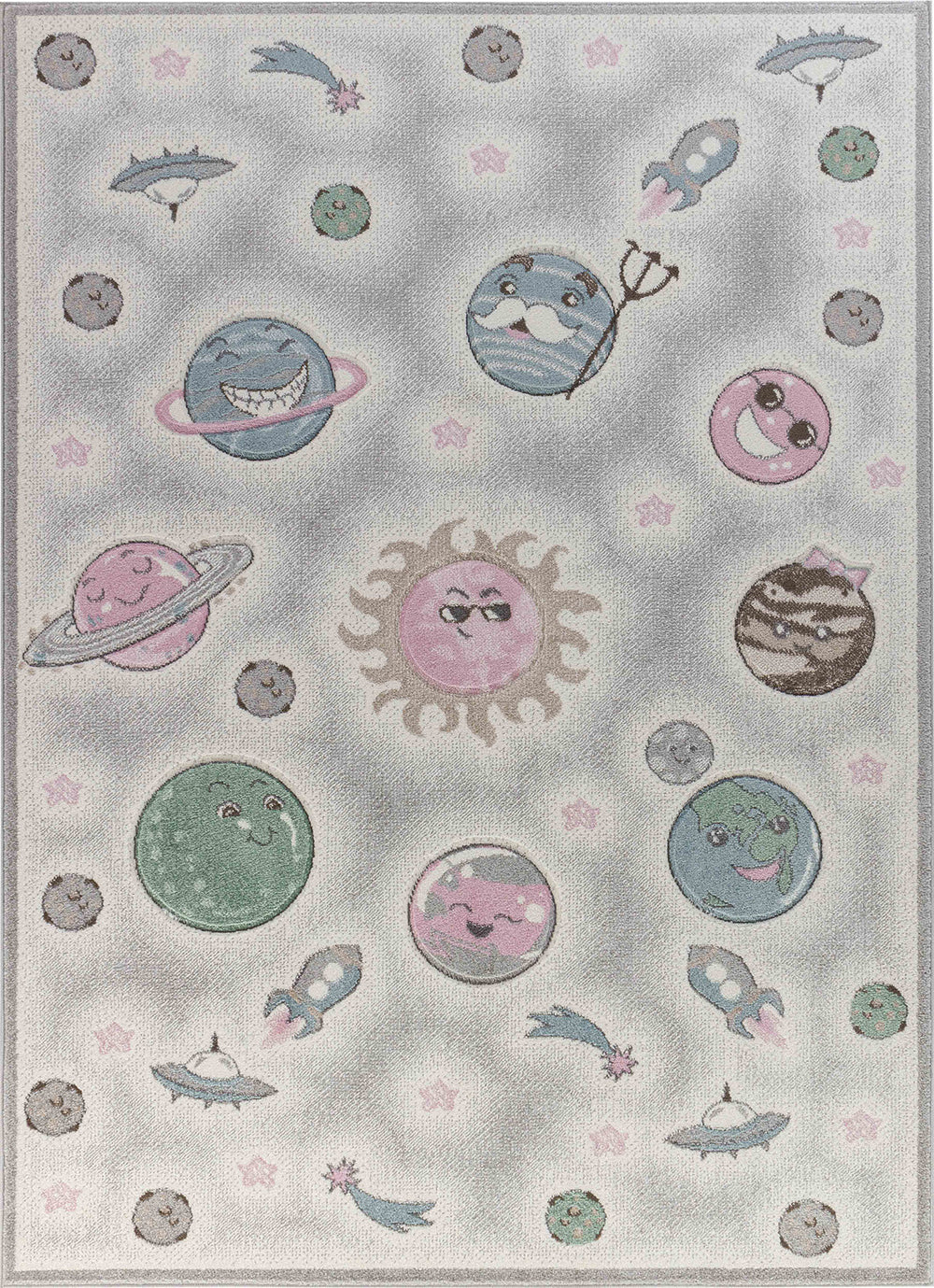 Tapis Enfant Planètes Animées Beige/Gris Milky