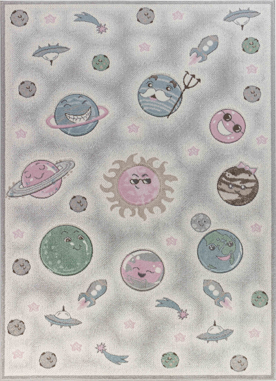 Tapis Enfant Planètes Animées Beige/Gris Milky