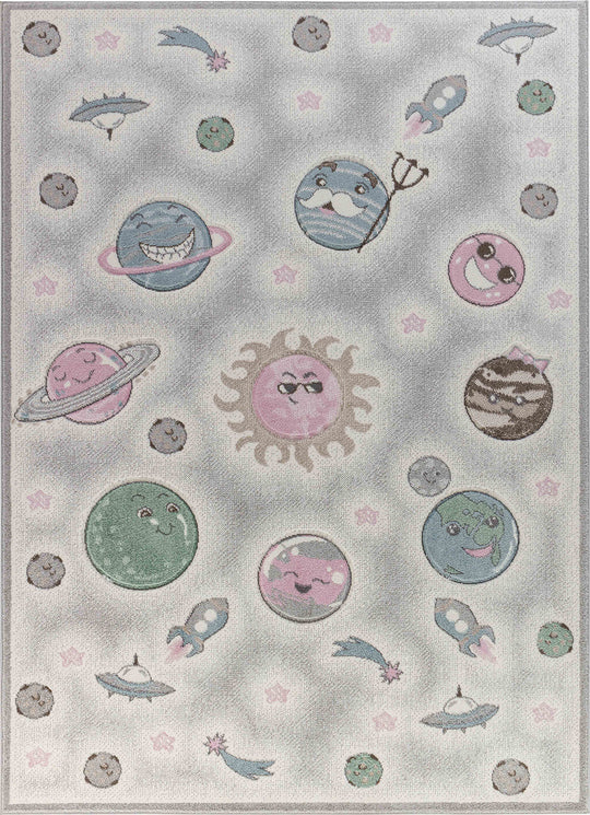 Tapis Enfant Planètes Animées Beige/Gris Milky