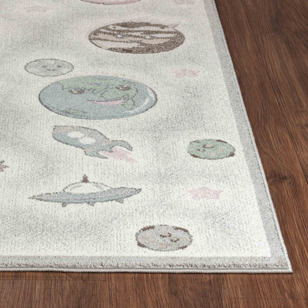 Tapis Enfant Planètes Animées Beige/Gris Milky