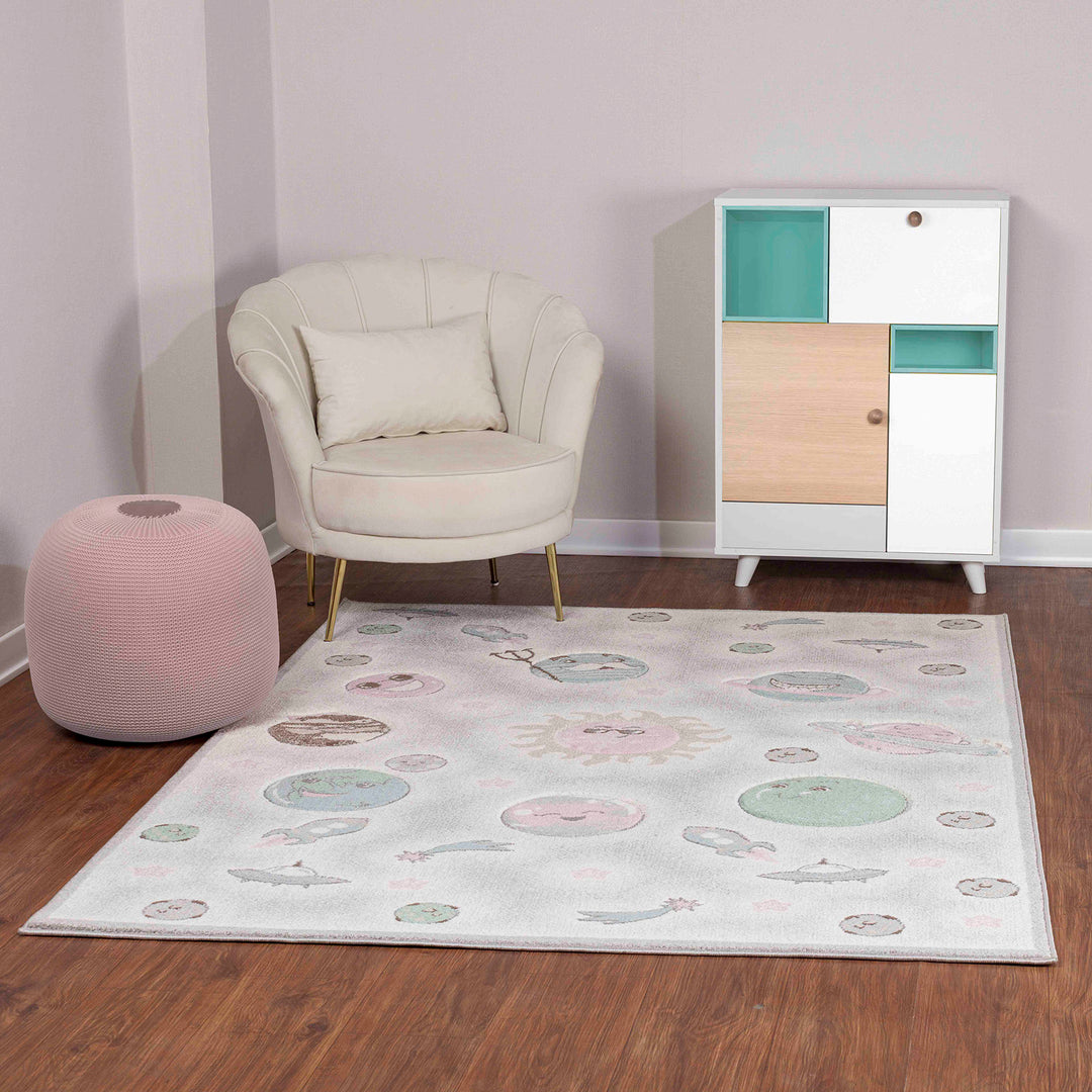 Tapis Enfant Planètes Animées Beige/Gris Milky
