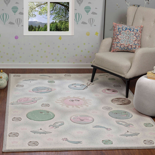 Tapis Enfant Planètes Animées Beige/Gris Milky