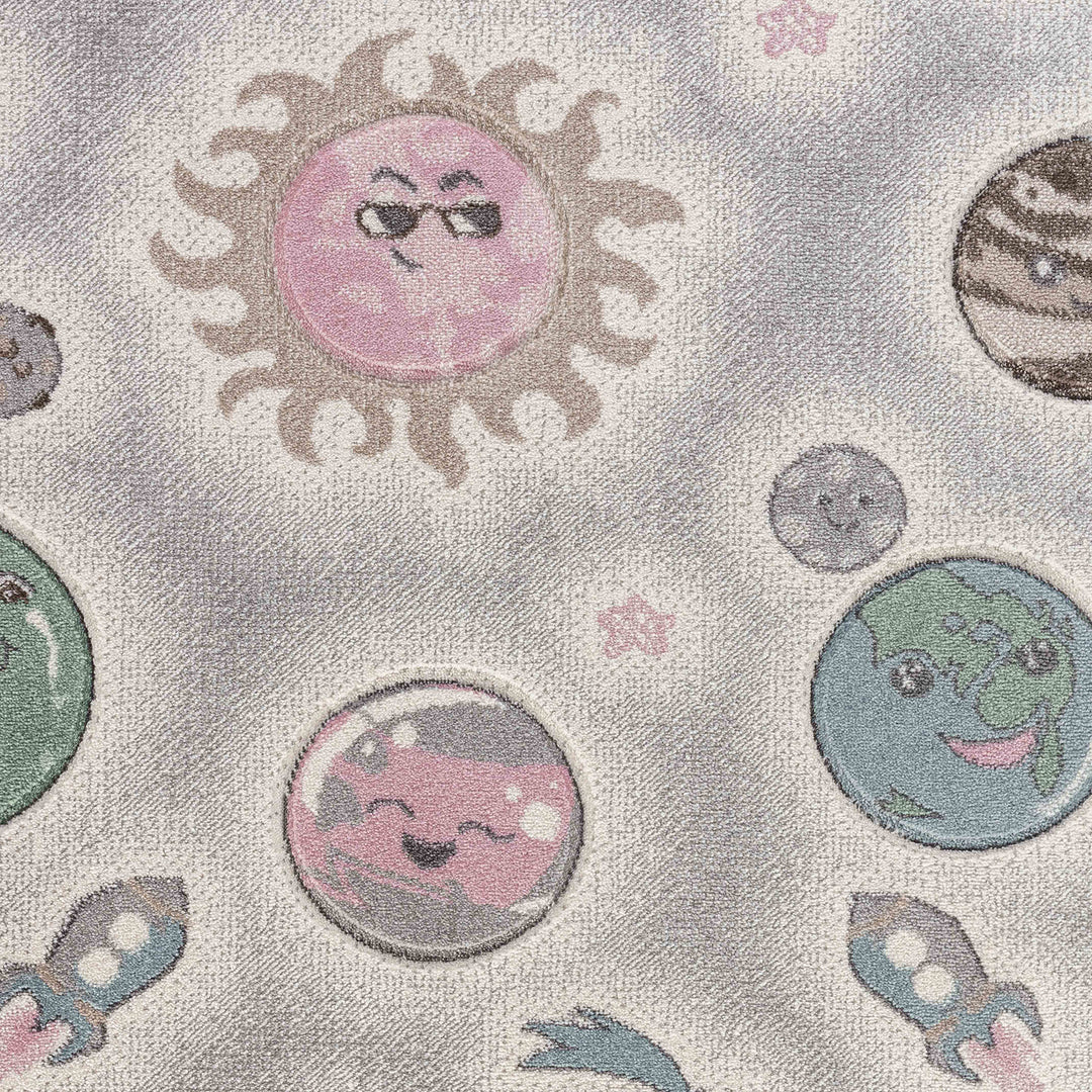 Tapis Enfant Planètes Animées Beige/Gris Milky
