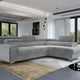 Canapé convertible d'angle droit LES TENDANCES Loza 5 places en velours gris avec appui-têtes réglables, coffre et pieds acier chromé