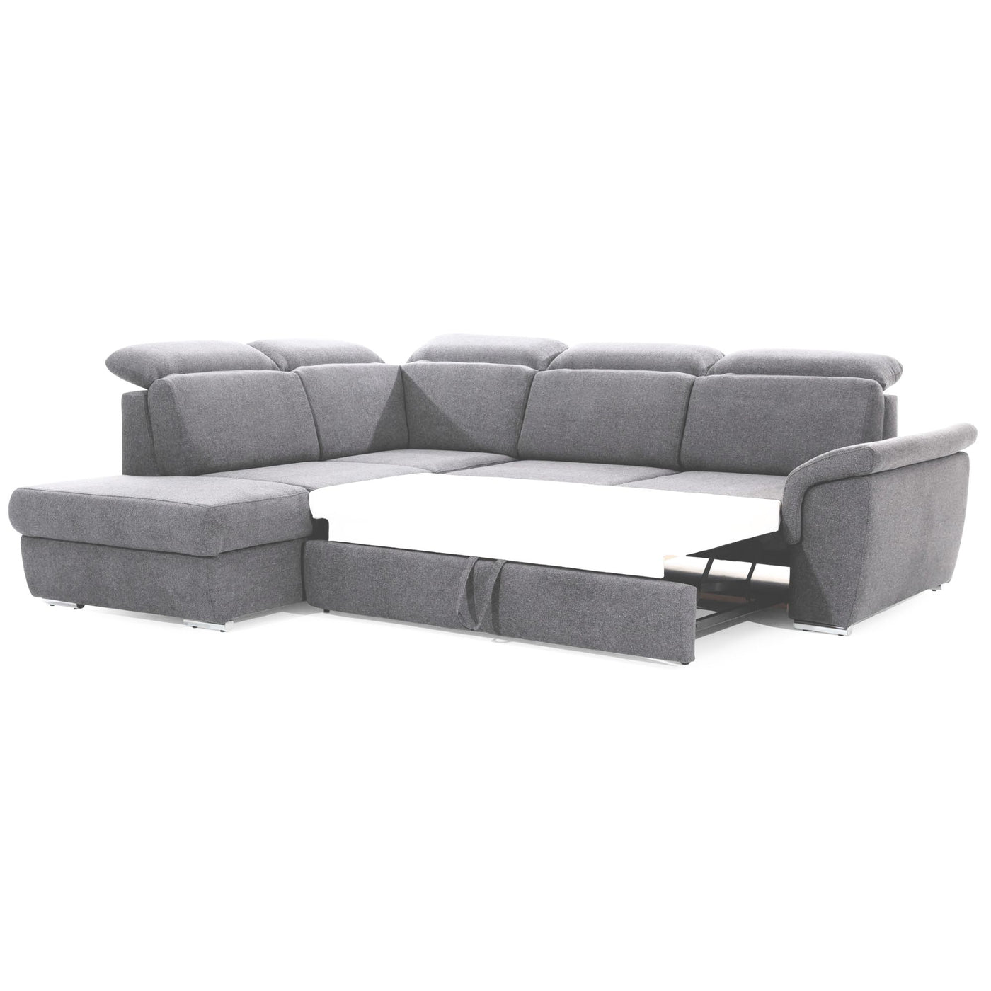 Canapé d'angle gauche convertible LES TENDANCES Kepita en tissu Gris clair chiné avec appuis-tête réglables et rangement