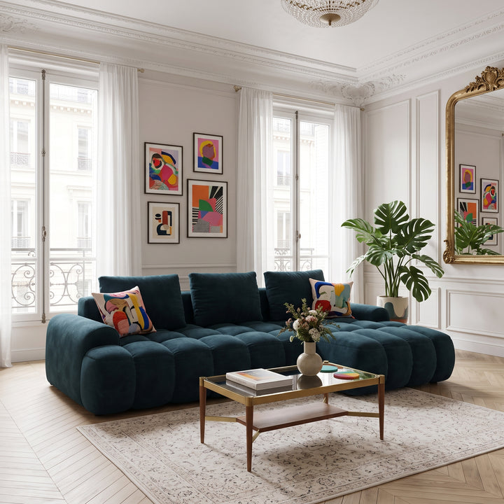 Canapé d'angle droit convertible COSMOPOLITAN DESIGN Linz 3 places en velours bleu pétrole