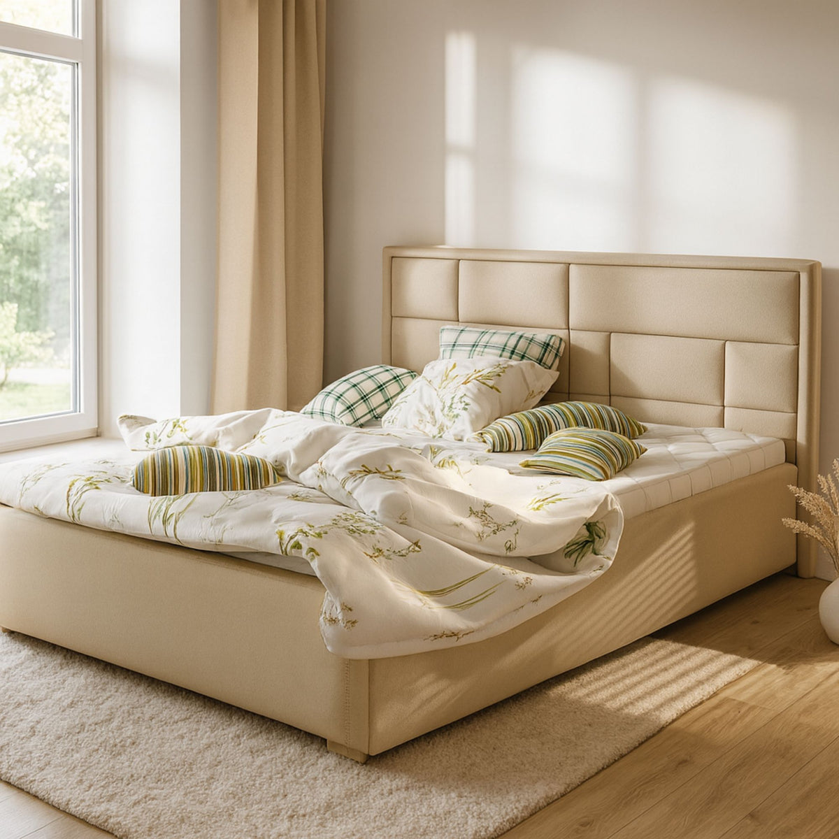 Lit avec sommier LES TENDANCES Lenzo en simili cuir Beige 200x200cm