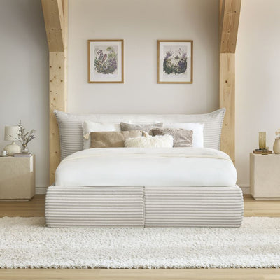 Lit coffre BOBOCHIC Jade 160x200cm avec tête de lit effet oreiller gros côtelé doux beige