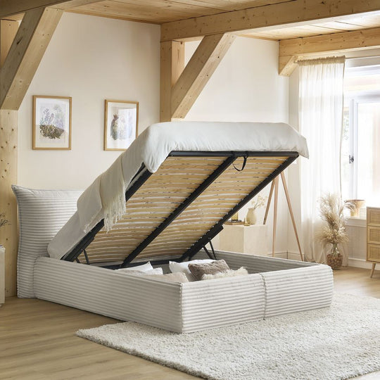 Lit coffre BOBOCHIC Jade 160x200cm avec tête de lit effet oreiller gros côtelé doux beige