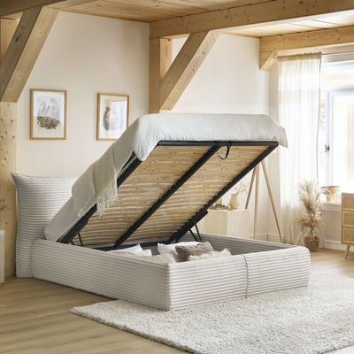 Lit coffre BOBOCHIC Jade 160x200cm avec tête de lit effet oreiller gros côtelé doux beige