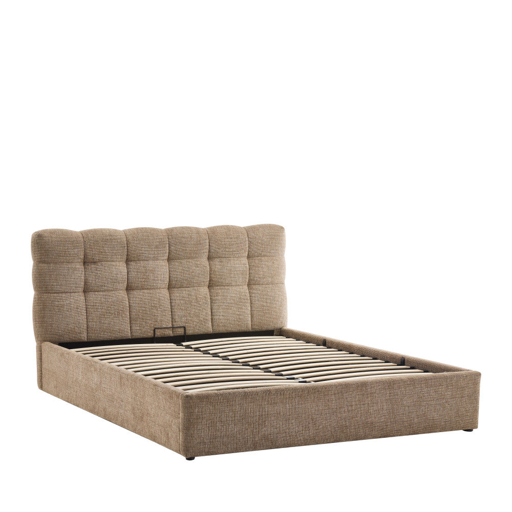 Lit coffre DRAWER Acara matelassé  avec tête de lit en tissu beige chiné 160x200 cm