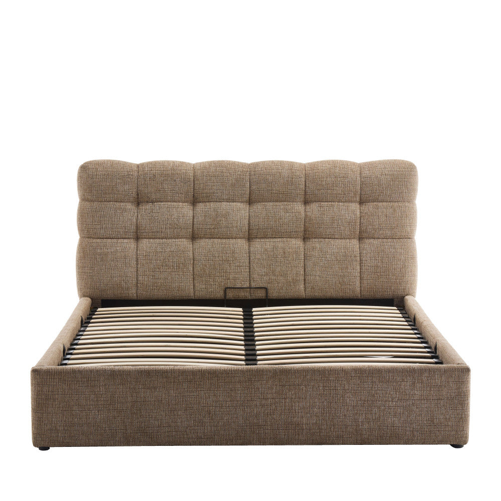 Lit coffre DRAWER Acara matelassé  avec tête de lit en tissu beige chiné 160x200 cm