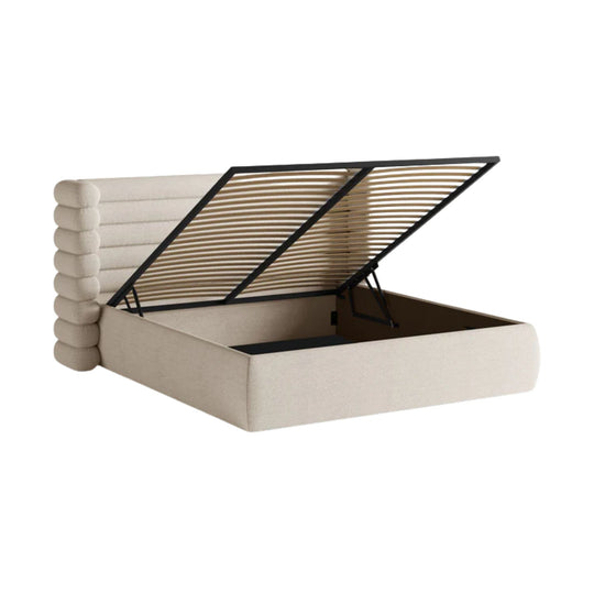Lit coffre MICADONI Mount en tissu bouclé beige 200x200cm