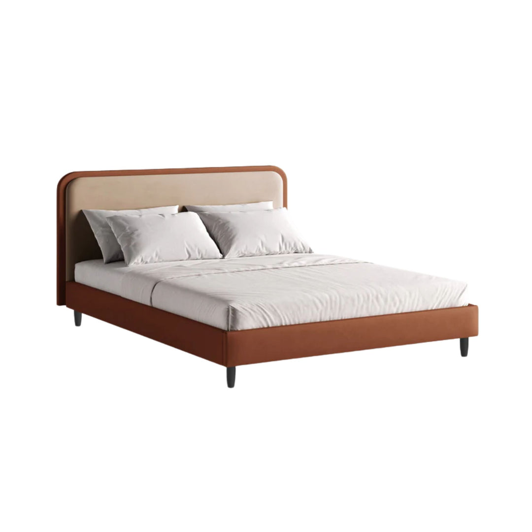 Lit MICADONI Aveline en Velours et Cuir végan Amande beige et Bordeaux 200x200cm